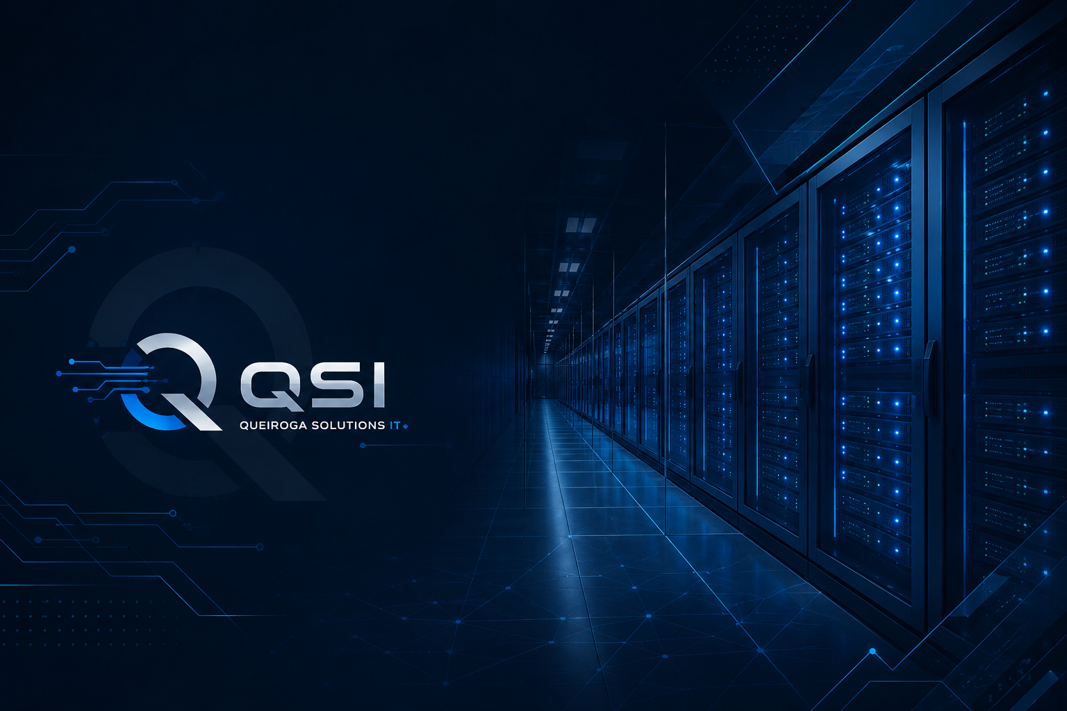 Corredor de datacenter com racks iluminados em azul